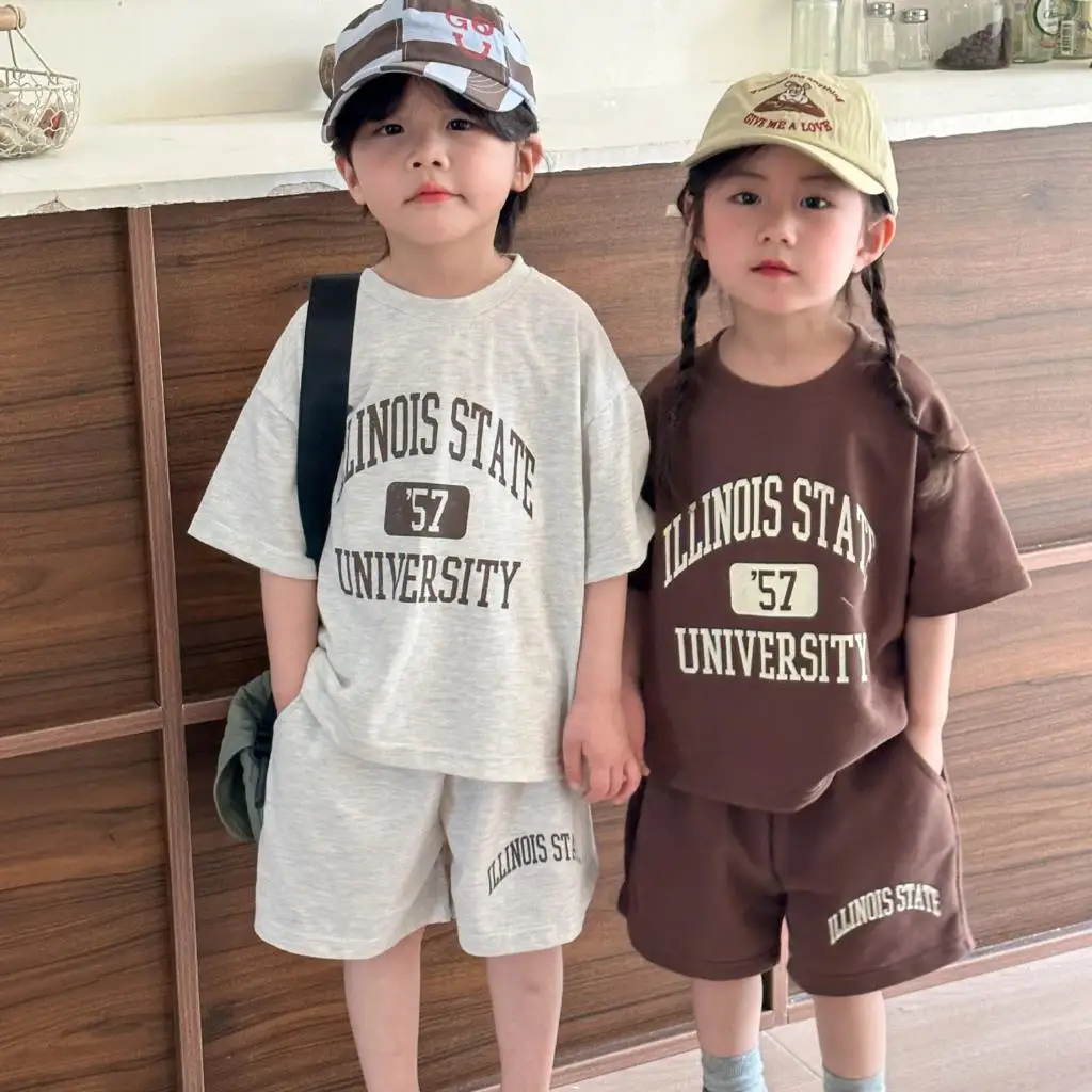 

Childrens Boys Summer Sports Set Pure Cotton Boys Letter Loose T-shirts 2024 New Summer Casual Short Suit Kids Boys Sibling Look