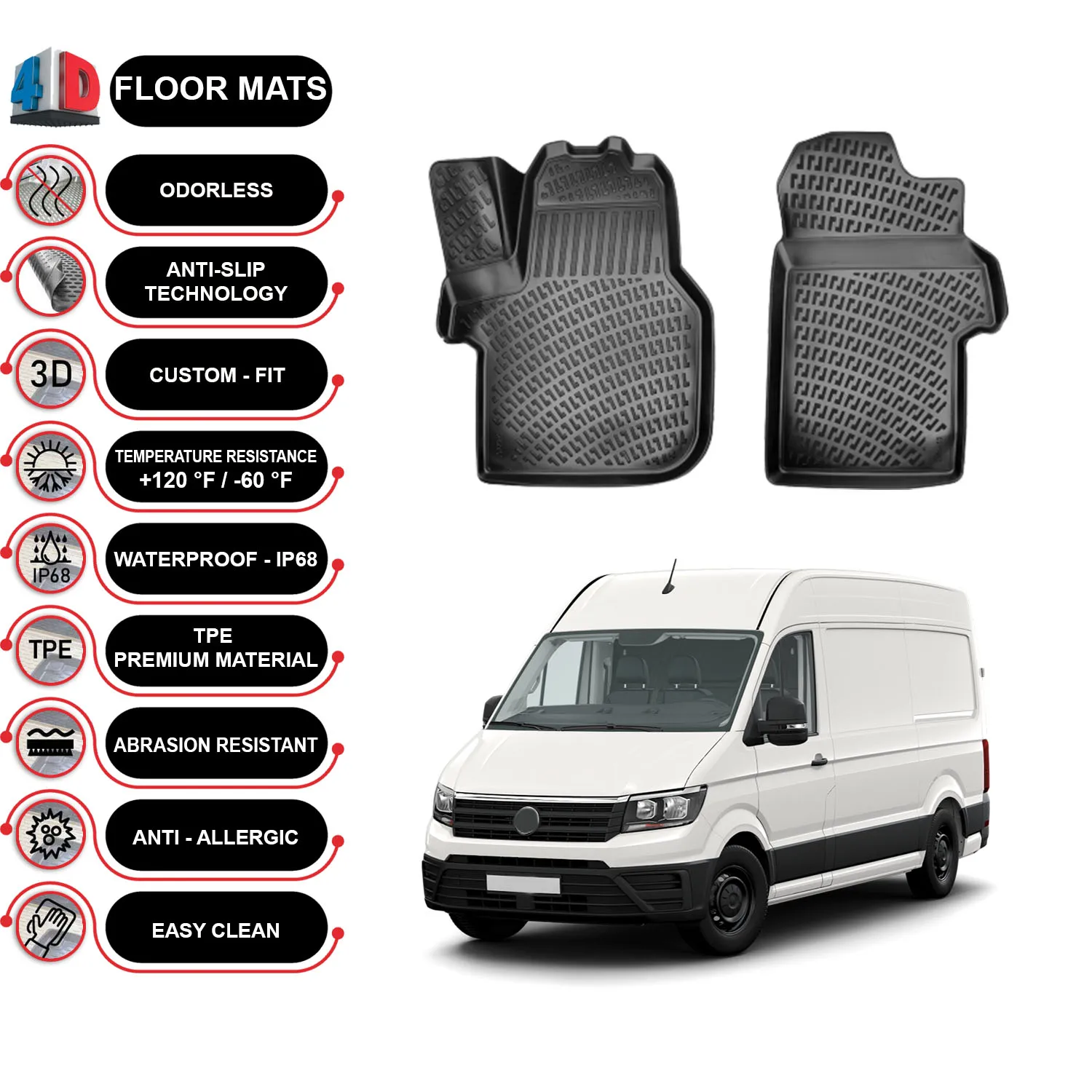

Volkswagen Crafter Van (2018-2022) Floor Mats Liner Waterproof 3D - (Black)