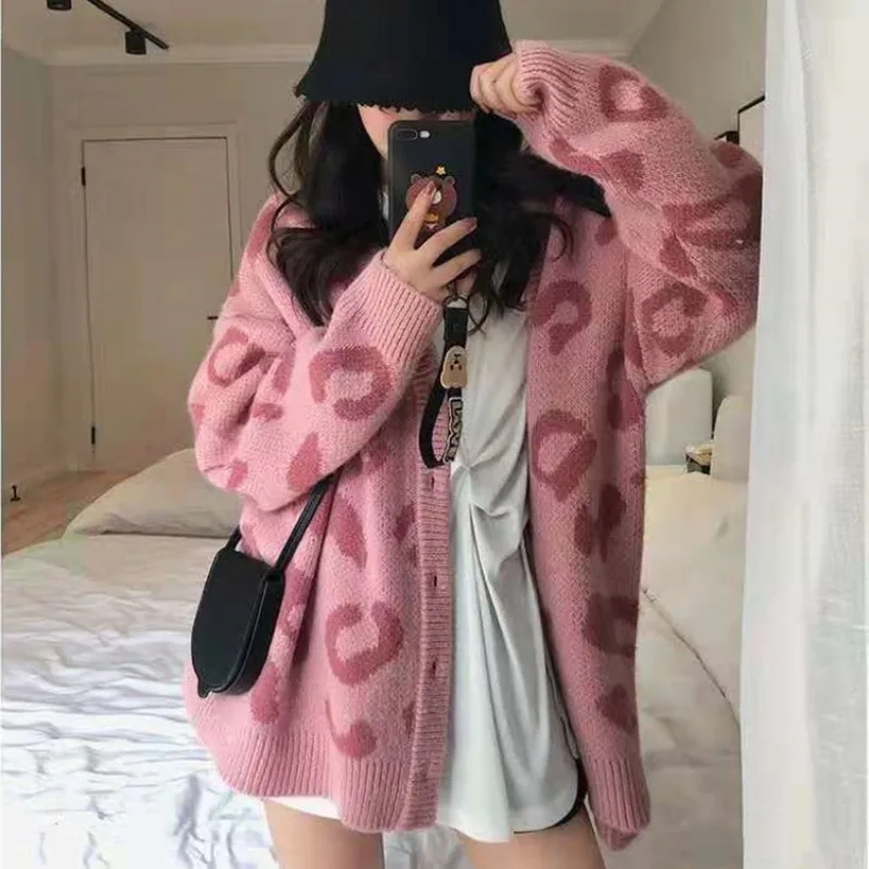 

Women Casual Sweaters Korean Fashion Spring Pink Leopard V-Neck Long Sleeve Cardigans Loose Coat Pull Vetement Femme Sueters