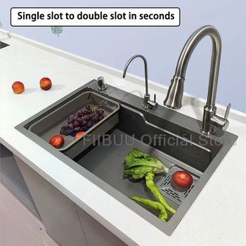 ความจุขนาดใหญ่อ่างล้างจานมัลติฟังก์ชั่สแตนเลสหนาแฮนด์เมดผักอ่างล้างหน้าล้าง/ตัด/ท่อระบายน้ําในหนึ่งครบชุด 2
