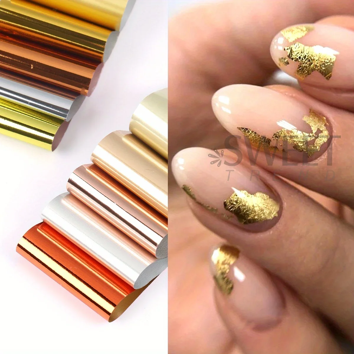 20pcs Metallic Mirror Effect Nail Foils Golden Silvery Starry Sky Print Sliders Chrome Transfer Tips Manicure Decor Accessories