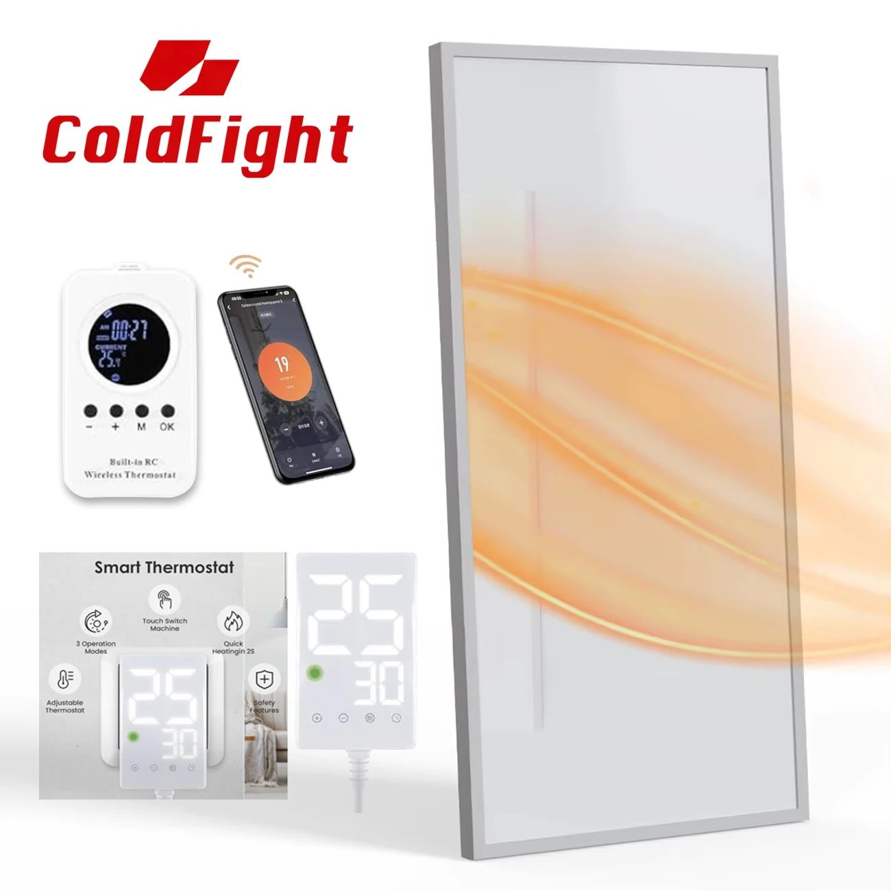 เครื่องทำความร้อนอินฟราเรด Coldfight 180W สำหรับใช้ในบ้าน พร้อมขาตั้ง ล้อเลื่อน และติดผนัง พร้อมเทอร์โมสตัทและ WiFi 1