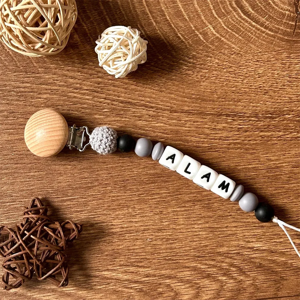 Custom Name Pacifier Chain with Colorful Beads & Crochet Balls