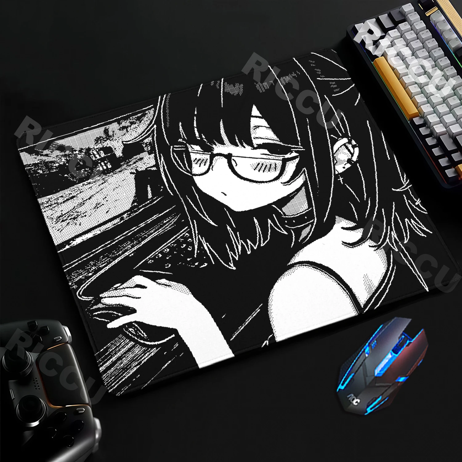 Monochrome Pixel Aesthetic Gaming Mouse Pad with Anime Design - Non-Slip Rubber Desk Mat for E-Sports & Office Use