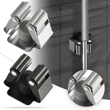 Stainless Steel Mop Clip Broom Holder Stand Pipe Hooks Wall Hanging Free Nail Bathroom Storage Organization Strong Hooks 1