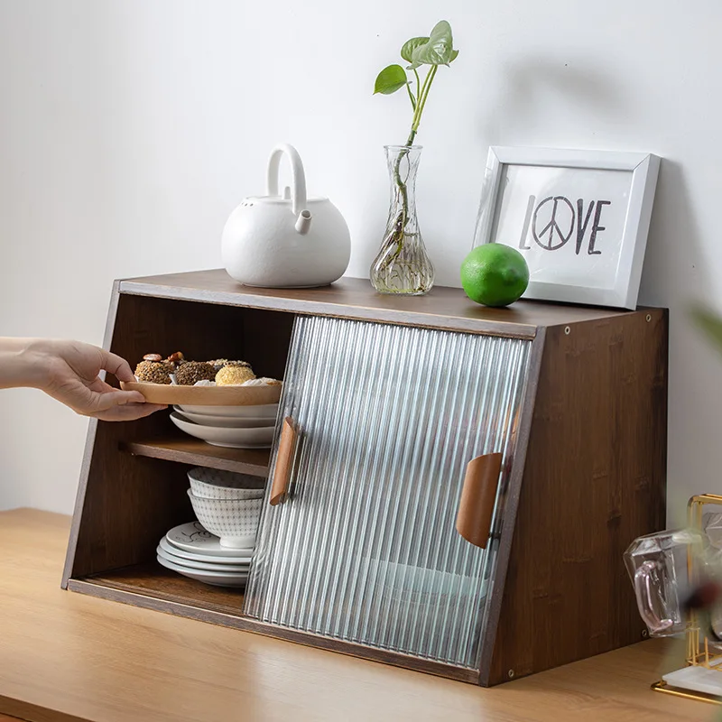 Desktop Sideboard Glass Door Display Kitchen Countertop Cup Storage Rack Household Mini Solid Wood Kitchen Cabinet
