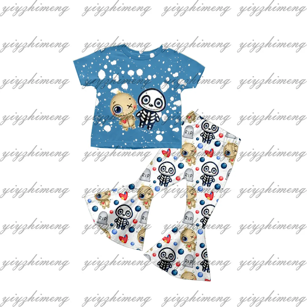 

Новый дизайн, платье в стиле Хэллоуин для девочек, милый синий комплект из 2 предметов с коротким рукавом и узором на Хэллоуин