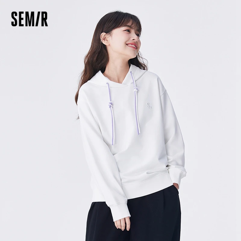 Semir Women Sweater Autumn New Hooded Basic Embroidery Inner Wear Simple Casual Drop Shoulder Pullover Temperament Sweater