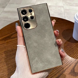 Luxury Plating Matte Suede Leather Case with Camera Protection and Shockproof Soft Bumper for S24 Ultra (Gray)