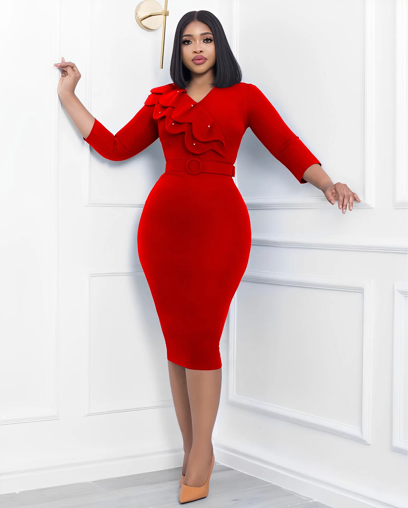 Autumn And Winter Fashion Dress Women's Solid V-Neck Long Sleeve Pencil Dress Elegant Commuter Fitted Dress