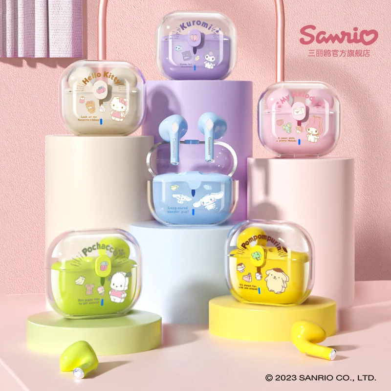 

Sanrio, Hello Kitty MyMelody Kuromi Cinnamoroll беспроводные Bluetooth-наушники, Симпатичные прозрачные полувкладыши, Bluetooth-наушники