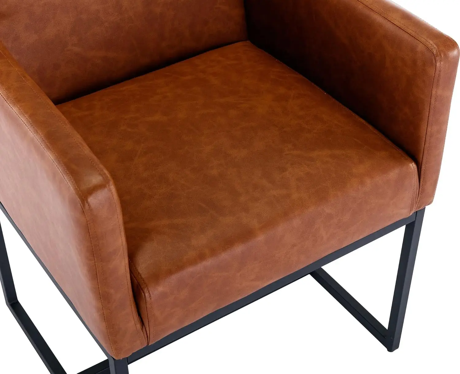 Faux Leather Upholstered Dining Chairs with Arms Set of 2, Mid Century Modern Padded Kitchen Chair with Black Metal Frame