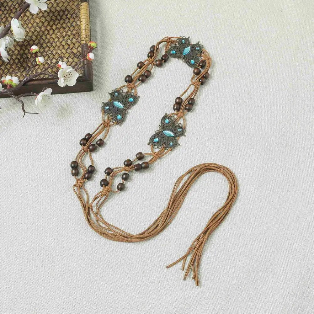 Lady Dress Belt Vintage Bohemian Beads Decor Ethnic Lace Up Adjustable Lightweight Lady Waist Strap Unique Waist Jewelry