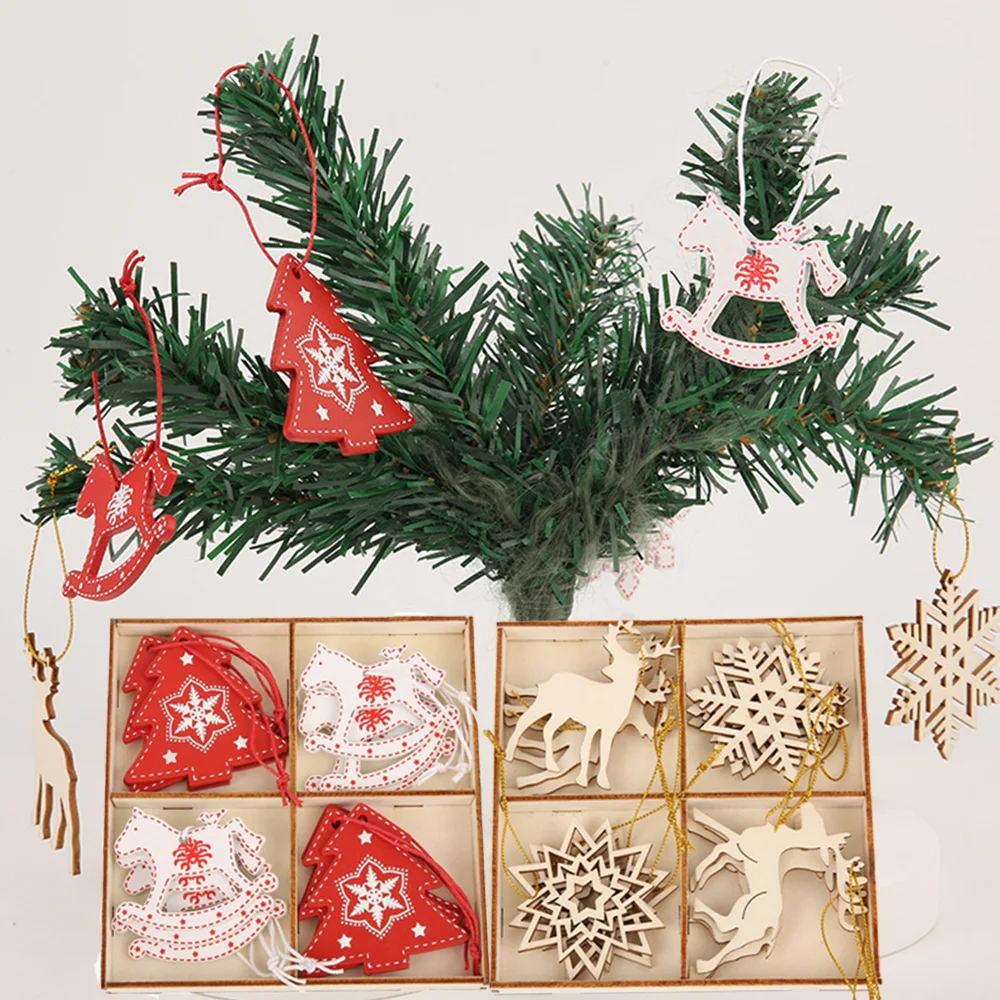 

12 Pcs Wooden Christmas Tree Hangings Ornaments for Halloween Wedding Holiday Decoration Snowflake Red White