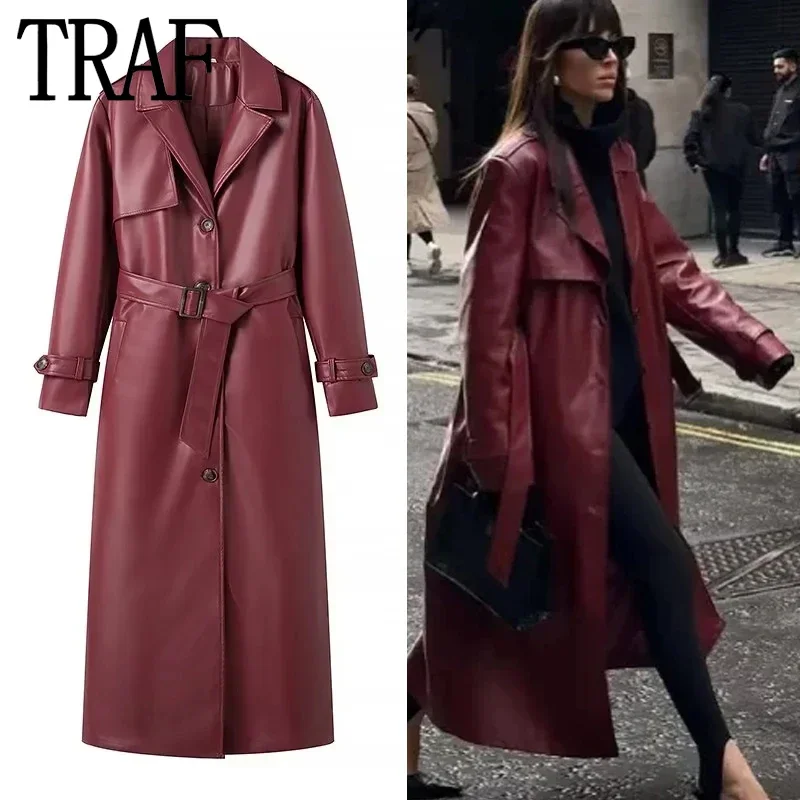 

TRAF Faux Leather Woman Trench Coat Belt Long Coats For Women Long Sleeve Women's Fashion Windbreakers Elegant Womens Jackets