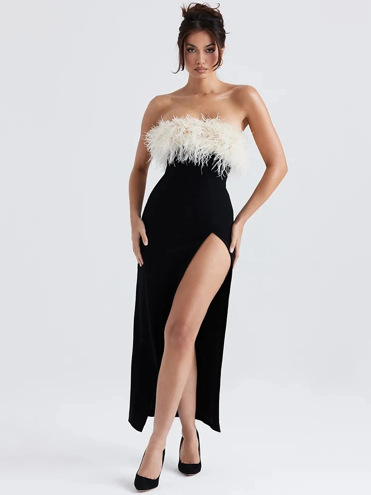 

Sexy Strapless Feathers Mid-calf Bandage Dress Women Black Backless High Split Feather Bodycon Dress Evening Club Party Dresses