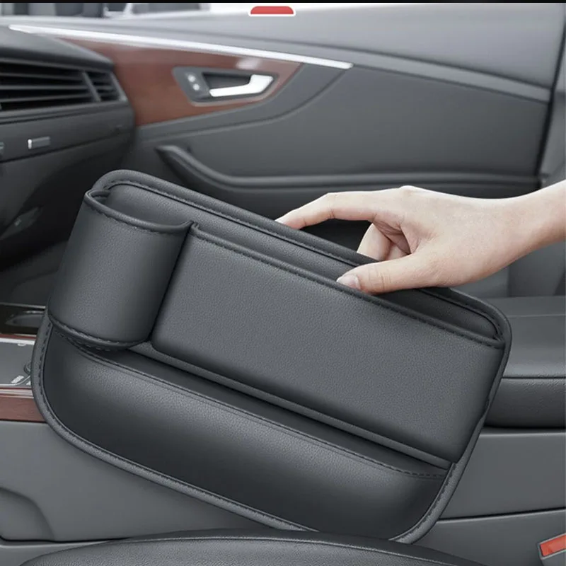 Boîte de rangement latérale pour siège de voiture, cuir PU noir