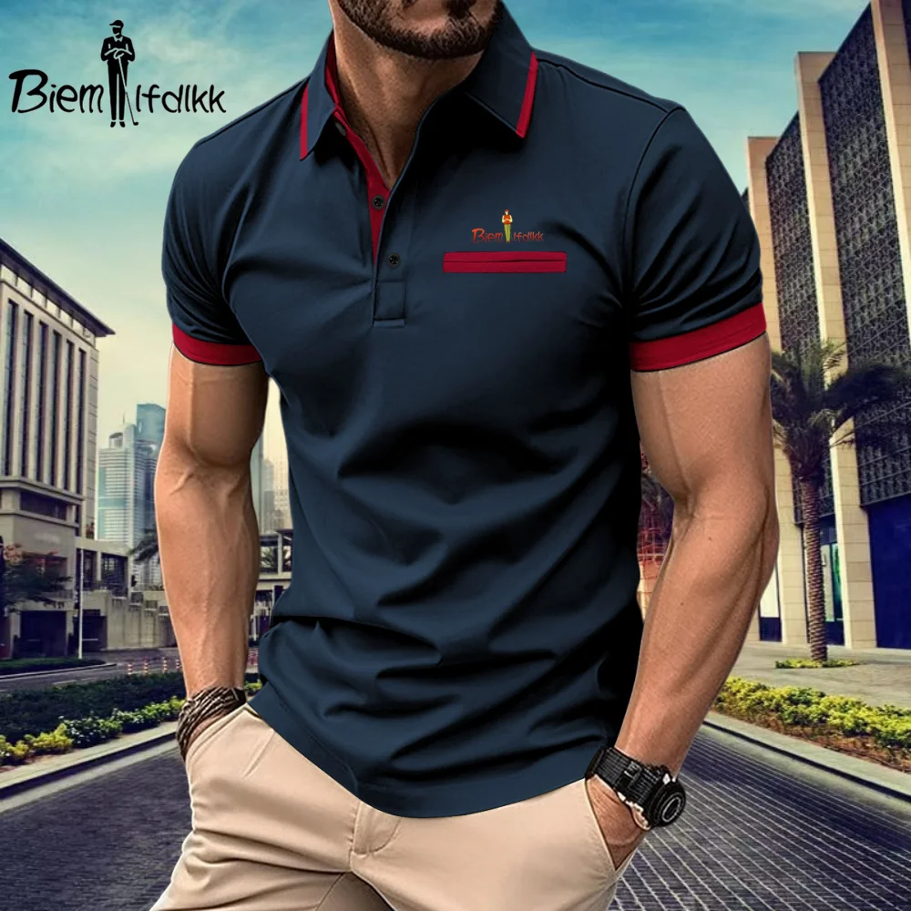 Biyin Lefen Summer Short sleeved Men\'s T-shirt Printed Polo Shirt Men\'s Solid Color Top Casual Wear (Large)
