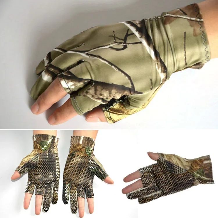 Camo Fishing Gloves Camouflage Anti-Slip Elastic Thin Mitten 3 Fingers Cut  Camping Cycling Hunting Half-Finger Gloves Camouflage