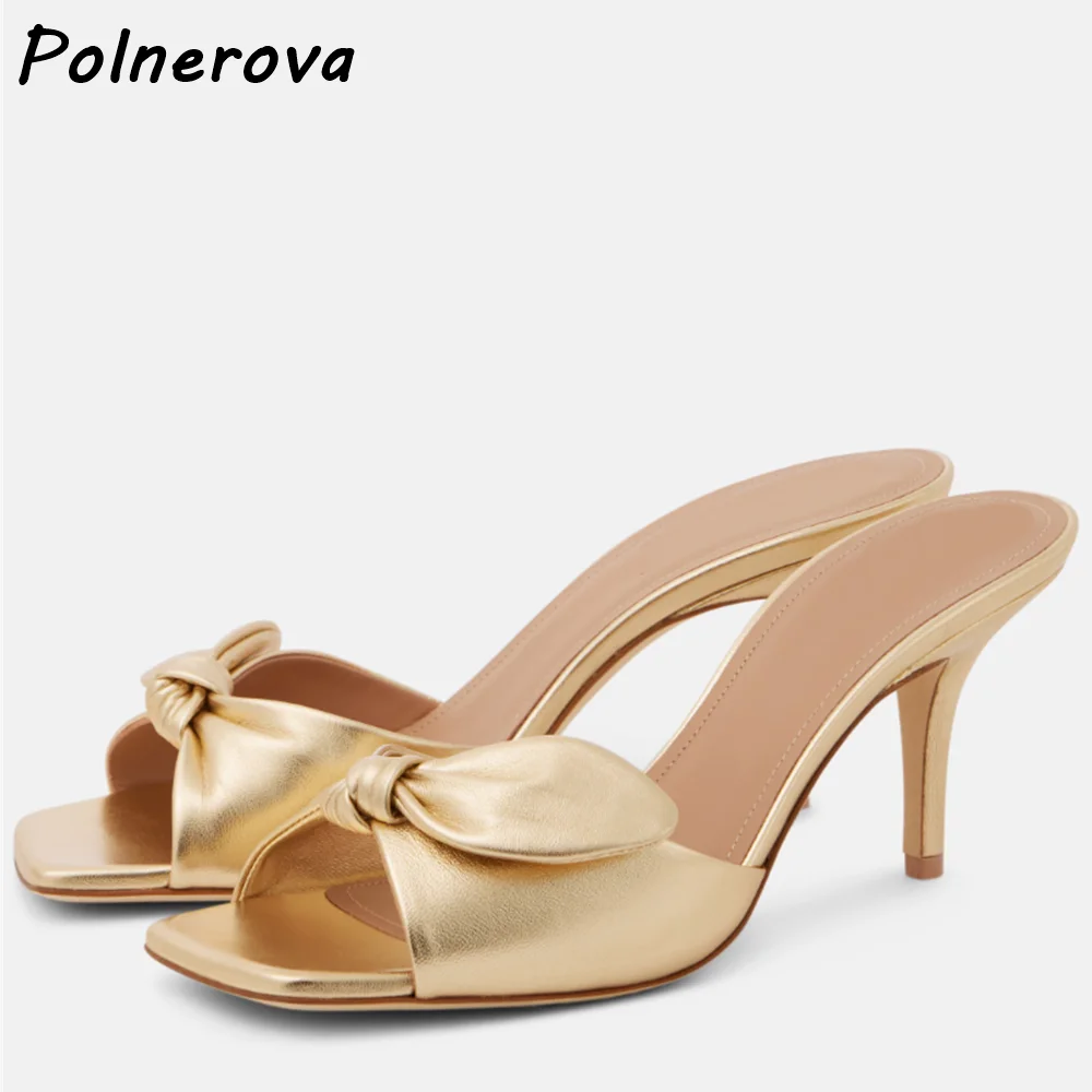 Twist Gold Slippers Square Toe Thin Heels Slip On Solid Leisure Outdoor Slippers Women's Summer Fashion Stiletto Shoes