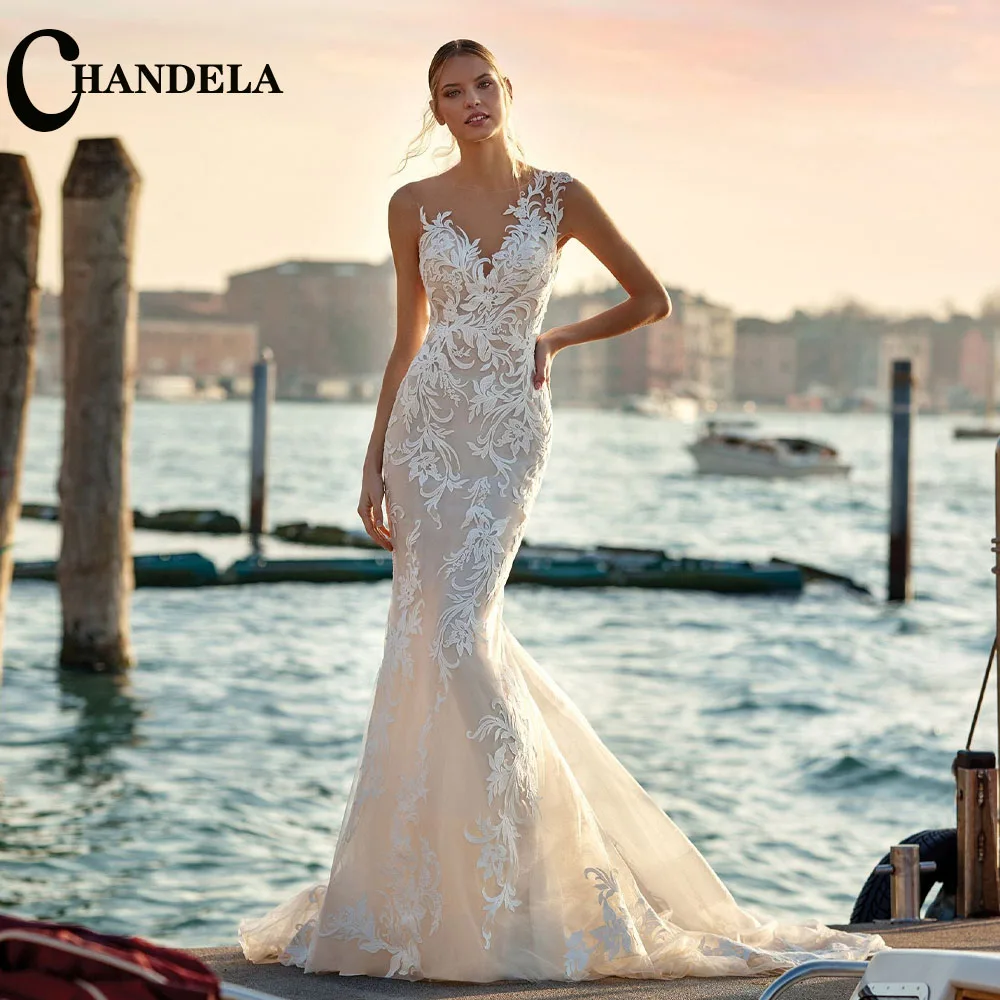 

CHANDELA charming Wedding Dresses Mermaid O-Neck Sleeveless Appliques Formal Bridal Gown Made To Order Brautkleid For Women