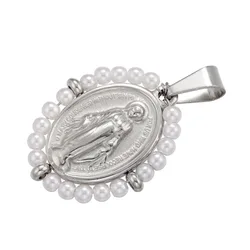 Elegant Virgin Mary Pendant Necklace | Stainless Steel Pearl Beaded Choker in Gold and Rainbow Tones (Silver White)