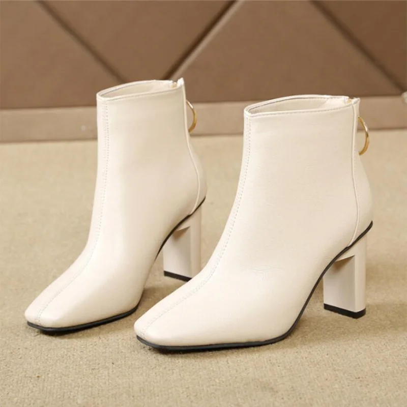 New Women PU Leather Boots High Heel Ankle Boots Woman Short Boots Zipper Thick Heel Boots Ladies Shoes Fashion Shoes