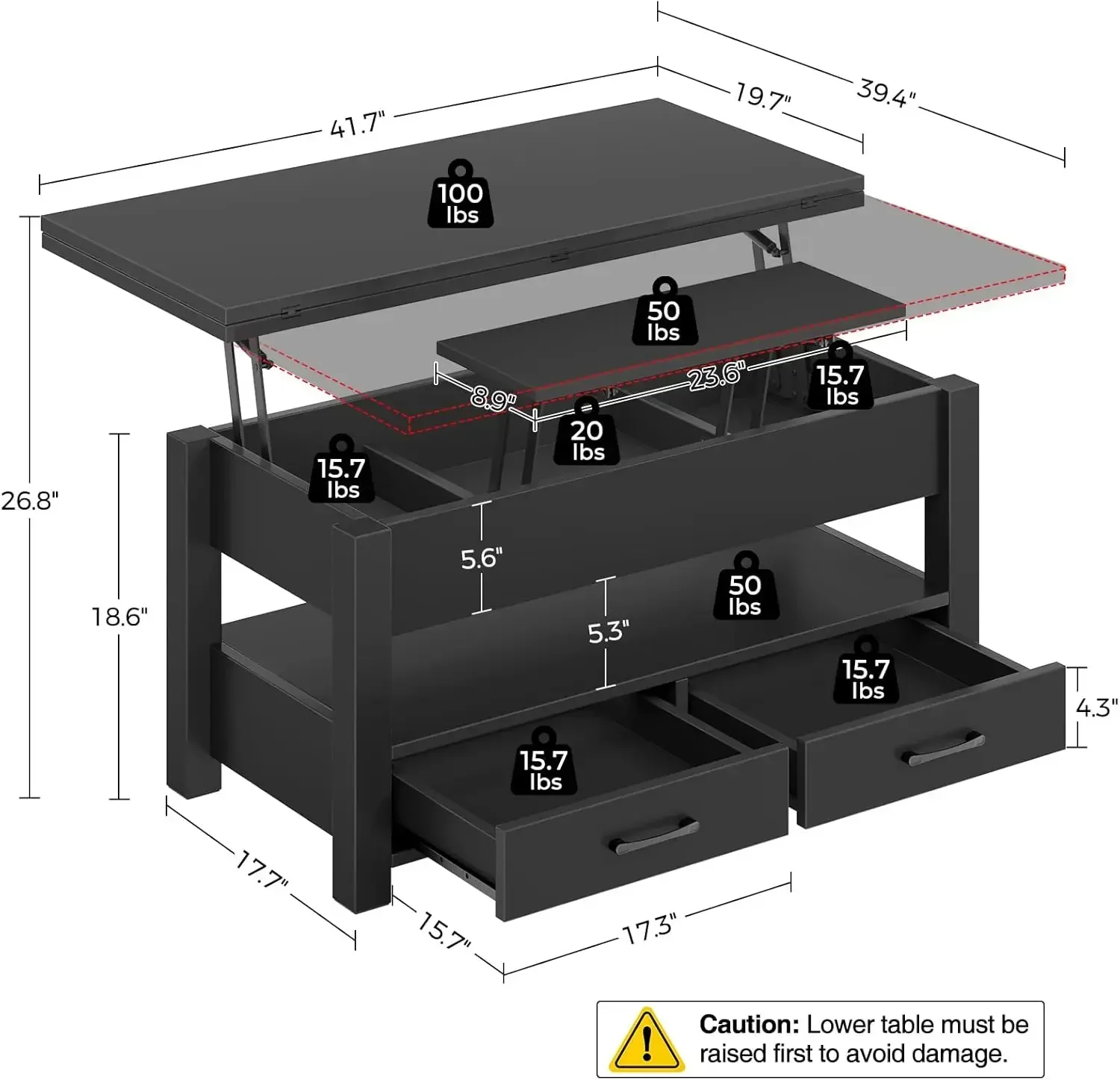 Coffee Table Lift Top, Drawers and Hidden Compartment, Coffee Table Dining Table for Living Room, Home Office,Black 3