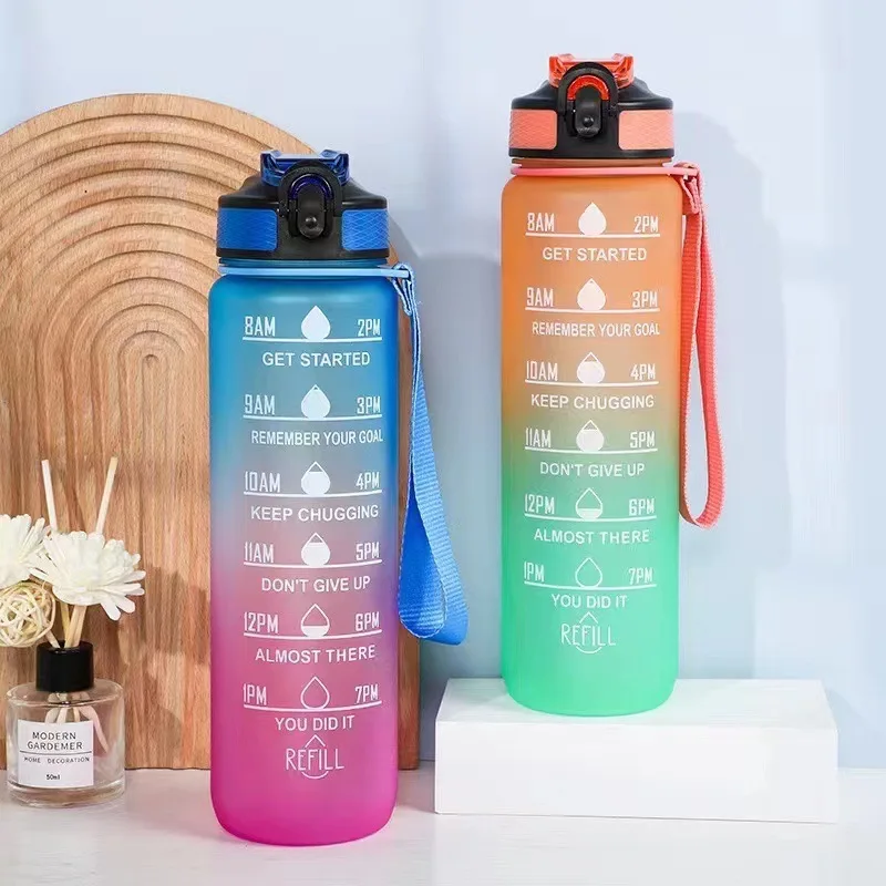 1000ML Sports Water Bottle Gradient Color Plastic Bounce Cap Straw Cup Portable Fitness Bike Cup Gym Camping Tour Water Bottle