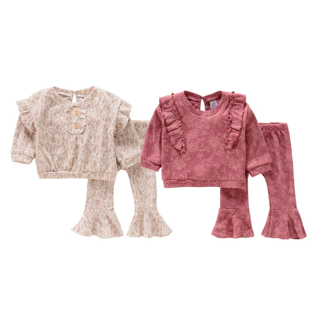 

Baby Autumn Clothes Sets Girls Waffle Cotton Ruffled Long Sleeve Printing Tops Flared Pants Infant Toddler Outfits Clothes Suits
