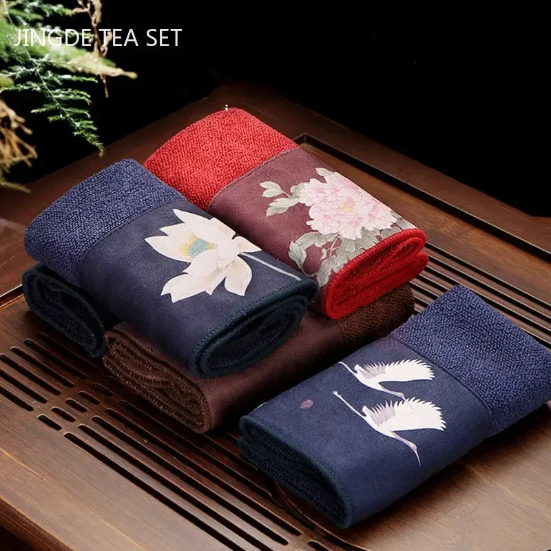Painted Lotus Zen Tea Towel Upscale Tea Set Absorbent Towel Thickened Plush Cloth Tea Table Cleaning Rag Teapot Pad Accessories