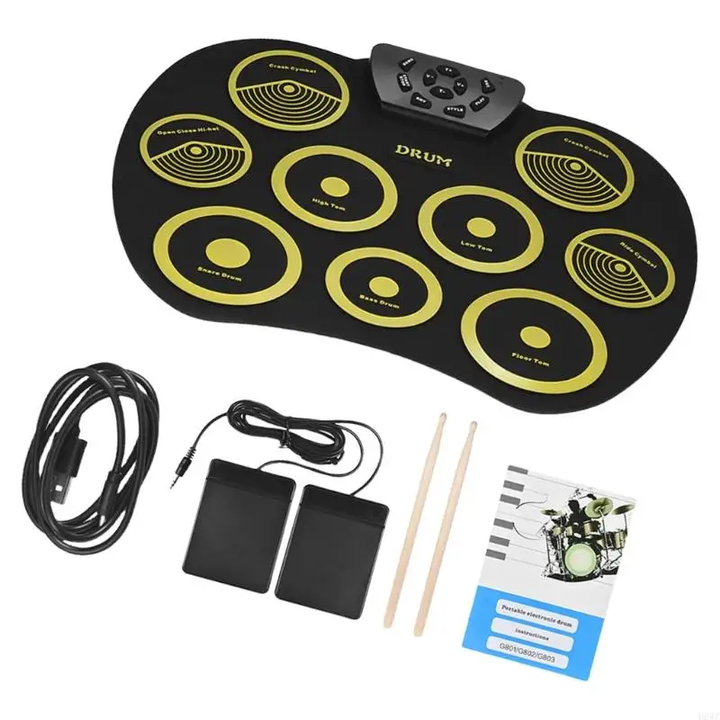 H8WC Electric Drum Set 9 Drums Kids Practice Pad Electronic Drum Set with Built in Speakers, Sticks, Headphone Out