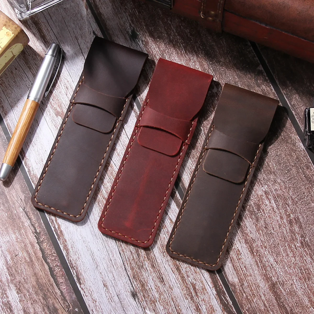 Vintage Handmade Leather Pen Case - Luxury Retro Stationery Organizer and Business Gift