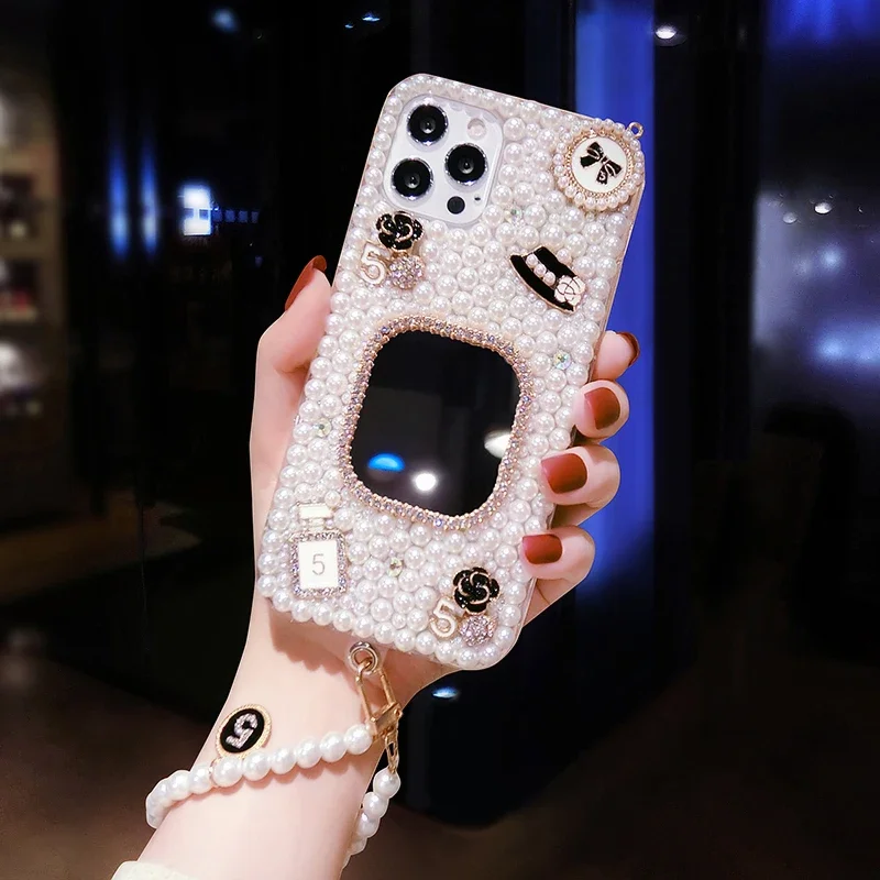 

Luxury Bling Rhinestone mirror pearl flower case Capa For iphone 15Pro 14Plus 13 Pro 12 Mini 11Pro MAX XSMAX XR 7 8 phone Cover