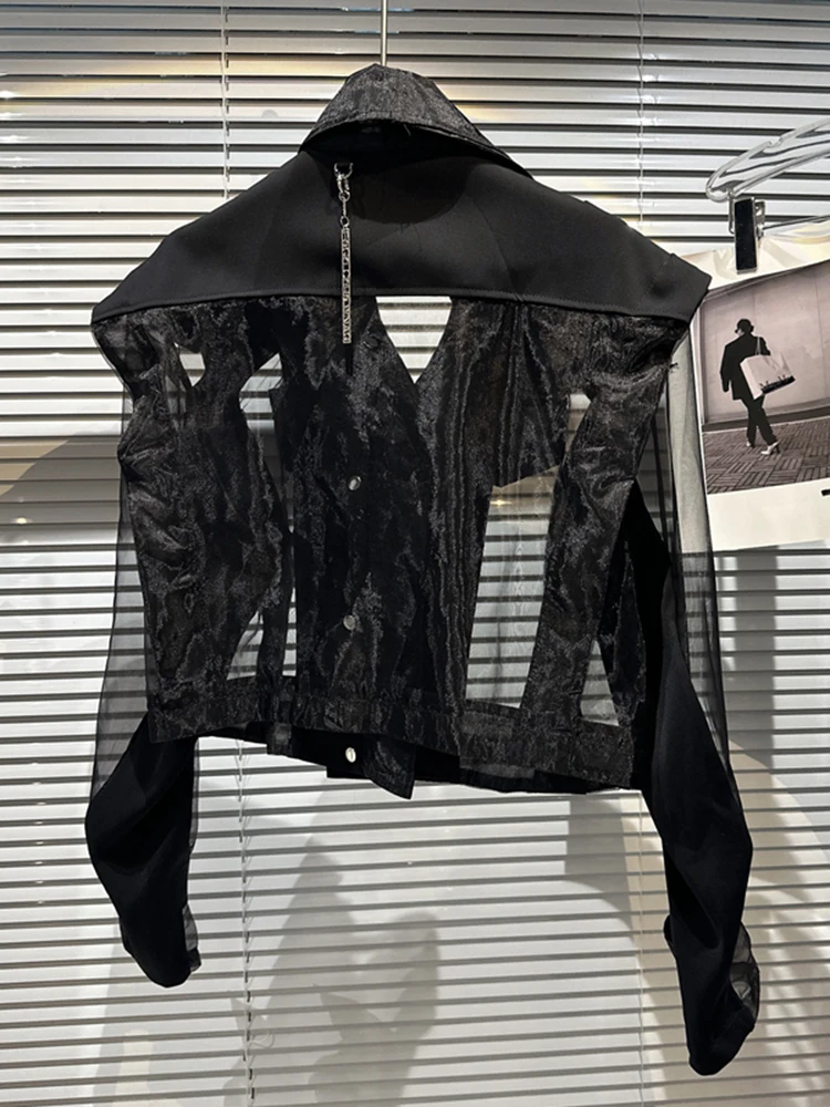 

Perspective Mesh Chic Patchwork Jackets Women's Lapel Streetwear Shoulder Pad Coat Female Trend 2023 Summer New
