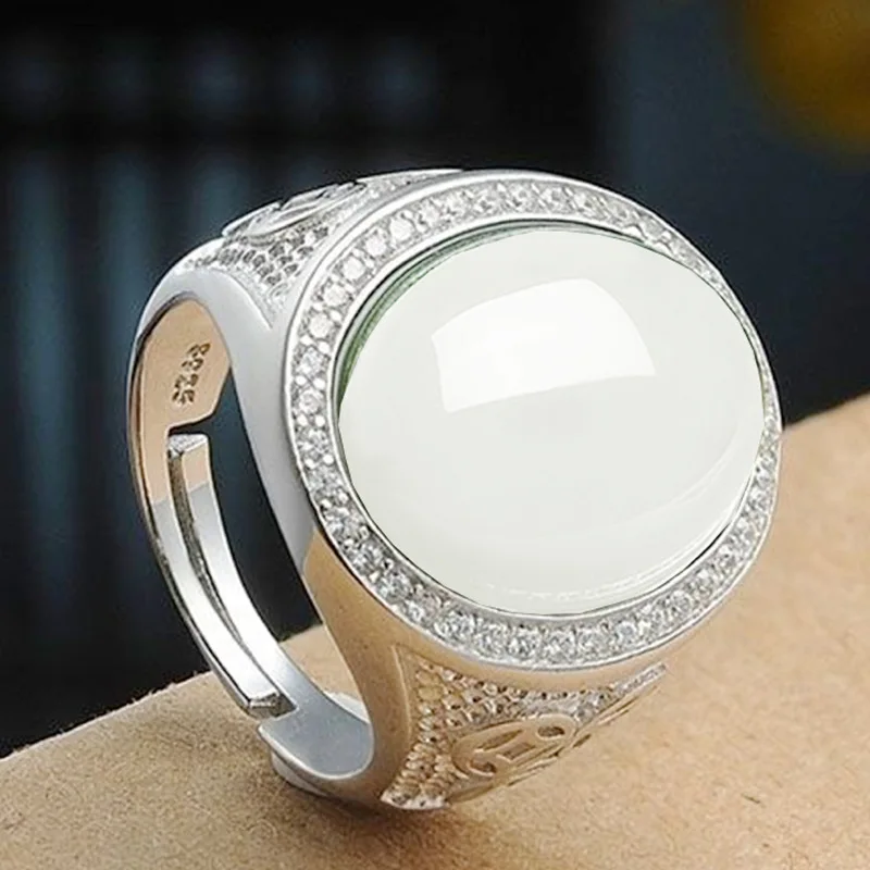 Top Grade Jade Green Oval Ring For Men Jewelry 925 Silver Male Wedding Ring With Shining Stones Hollow Coin Finger Accessories