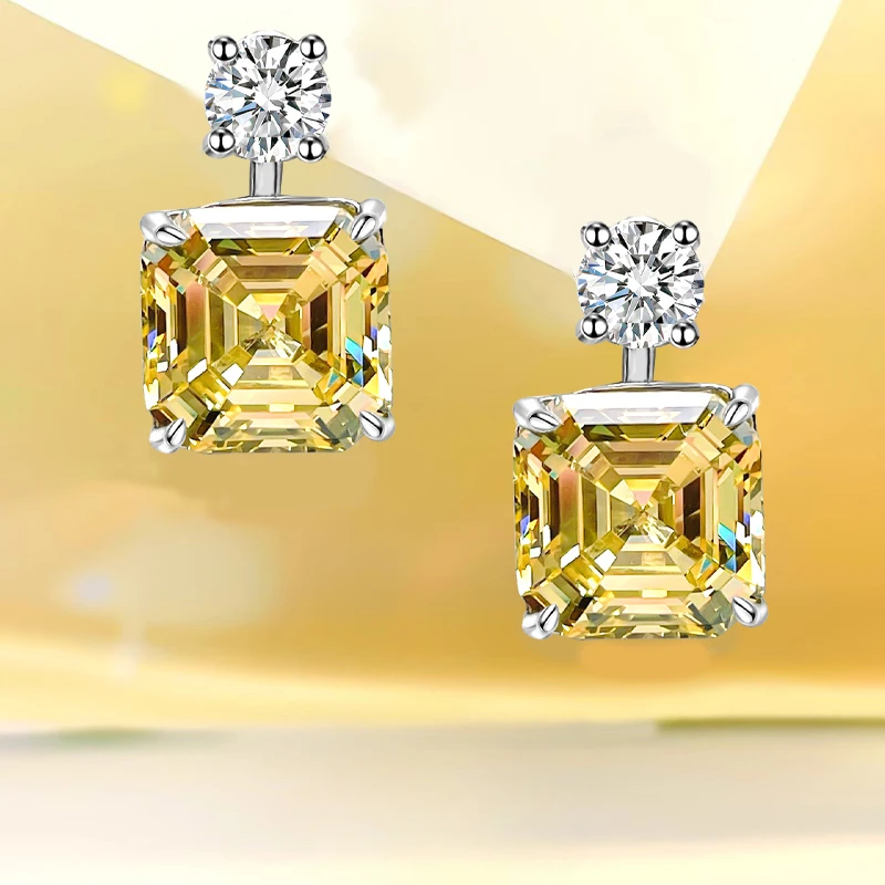 

New Yellow Diamond Square Ascot Earrings with Pure Silver Inlaid High Carbon Diamonds for A Luxurious Feel