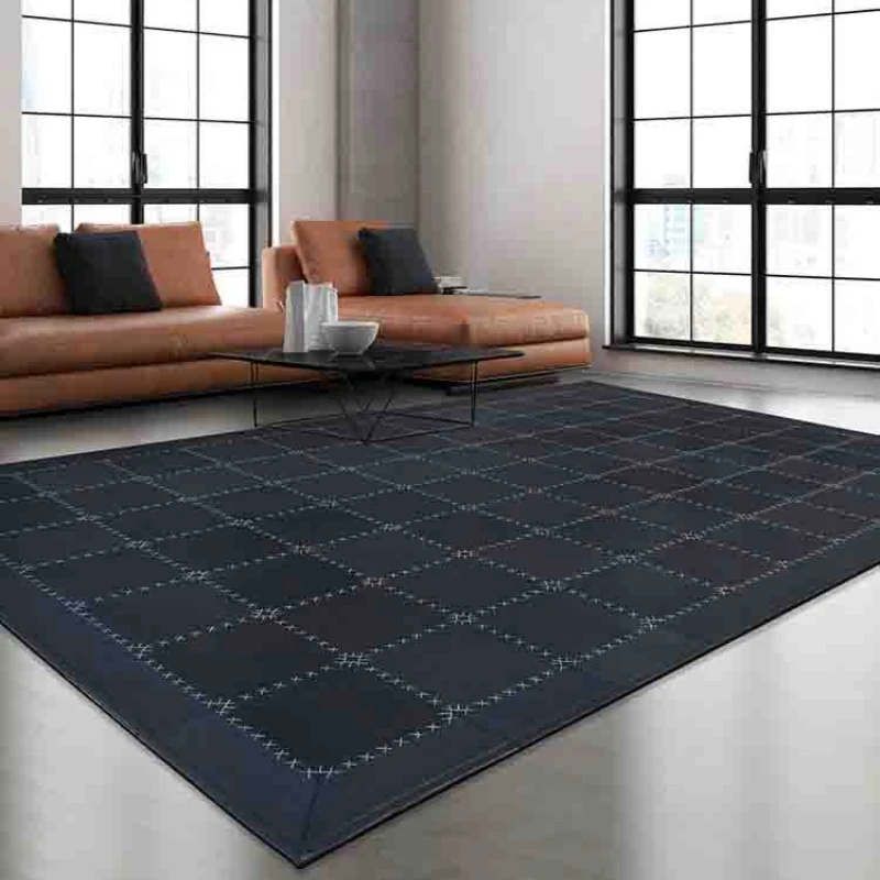 Nordic Luxury Pure Black Patchwork Cowhide Carpet Household Modern Leather Rug for Living Room Tea Table Bedroom Bed