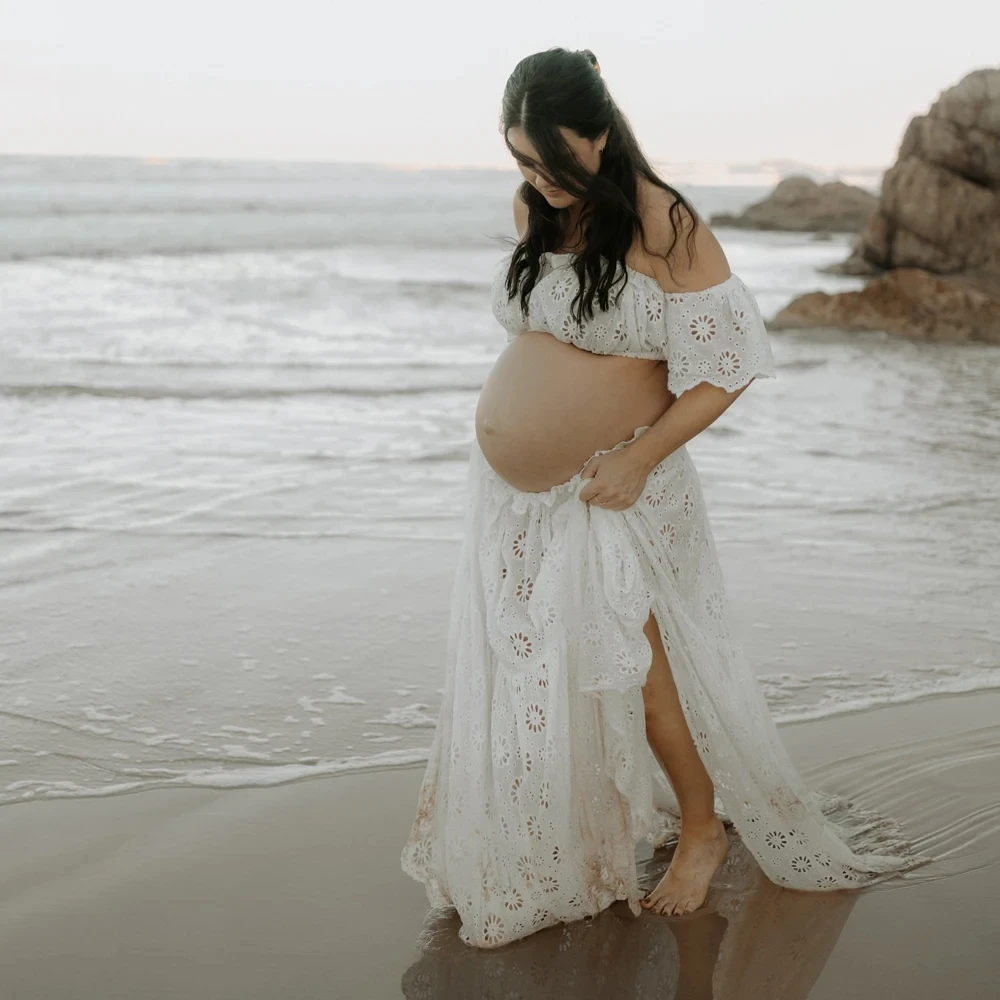 Embrordered Cotton Boho Lace Two Pieces Maternity Photography Outfit 2 in 1 Pregnant Woman Dress Set For Phoot Shoot