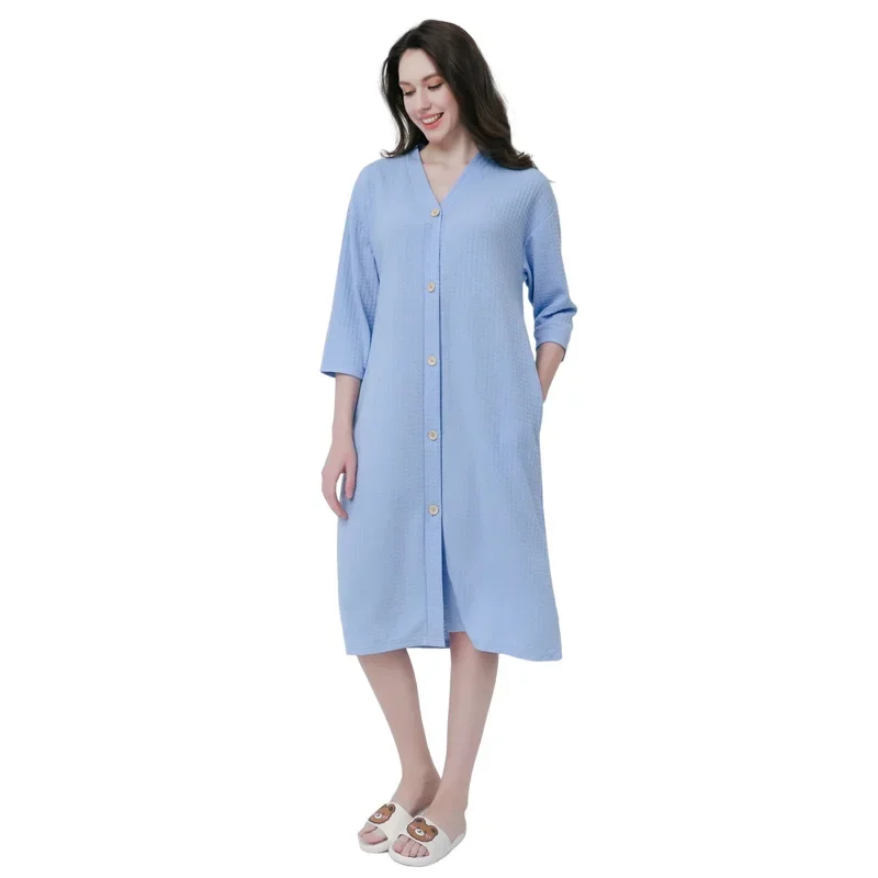 Women's Waffle Cardigan Bathrobe Absorbs Water Long Style Solid Color V-neck Pijama Mujer Multi Colors Couples' Bath Robes
