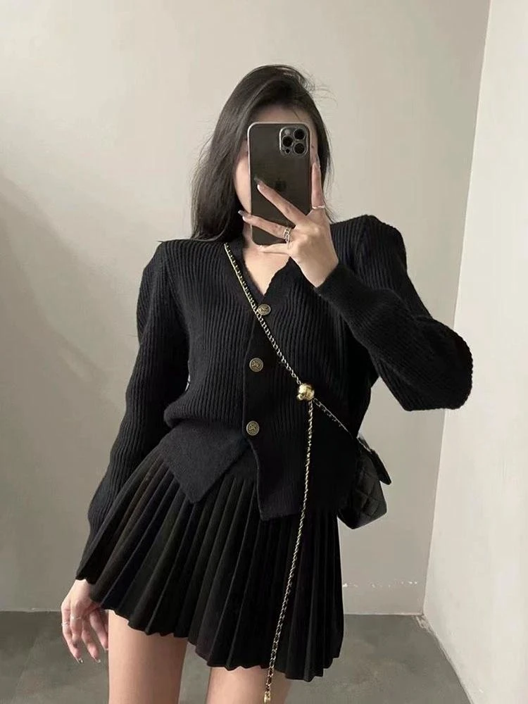 Casual Knitted 2 Piece Set Single Breasted V-neck Top + High Waist Mini Pleated Skirt Autumn Spring Korean Fashion Solid Outfits