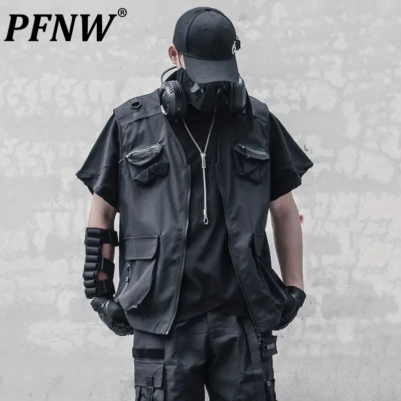 PFNW 하이 스트리트 남성 조끼 캐주얼 민소매 멀티 포켓 남성 상의, 지퍼 느..