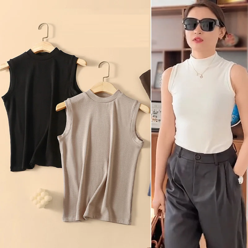 

Summer Stand Collar Sleeveless T-shirt Modal Women Wide Shoulder Vest Waistcoat Tee Shirt Femme Tank Top Off The Shoulder Top