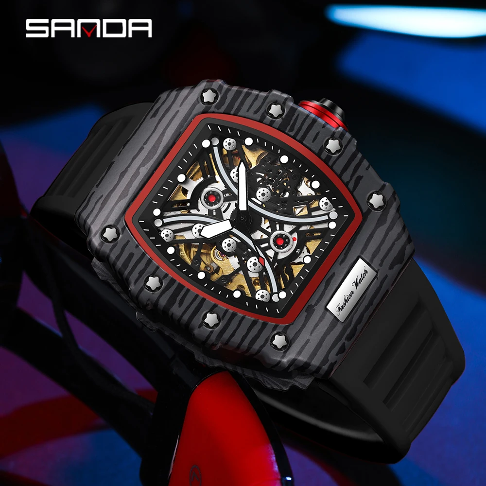 

2024 Sanda Hot Selling 7041 Square Quartz Fashion Casual Men's Watch Hollow out Cool Fully Automatic Mechanical Watch