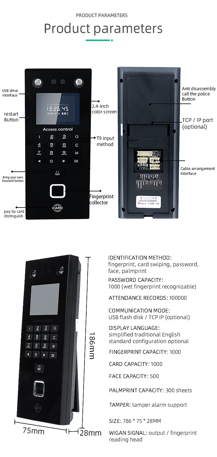 Face Recognition Biometric Fingerprint Time Attendance System Rfid Card+Pin+Palm