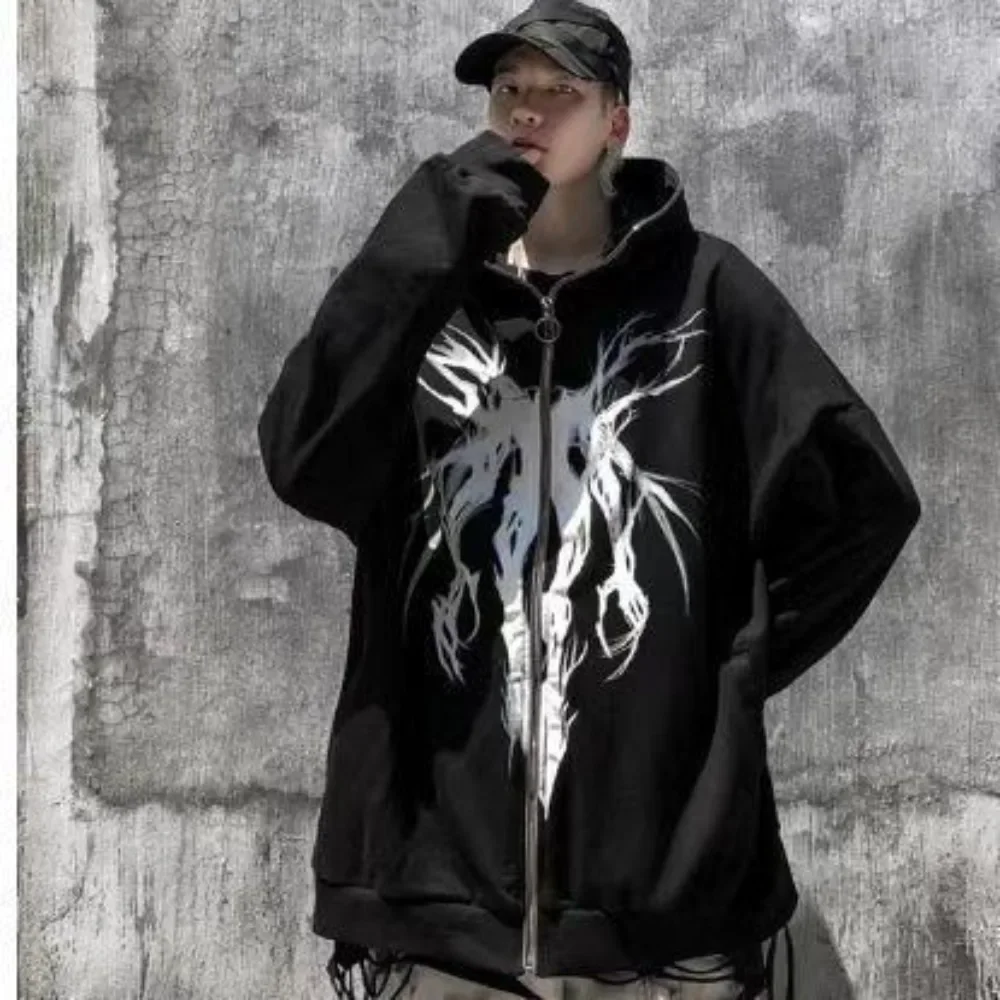 

TPJB New Men High Street Zip Up Hoodies Gothic Abstract Pattern Hooded Sweatshirts Male Spring Autumn Long Sleeve Loose Jacket