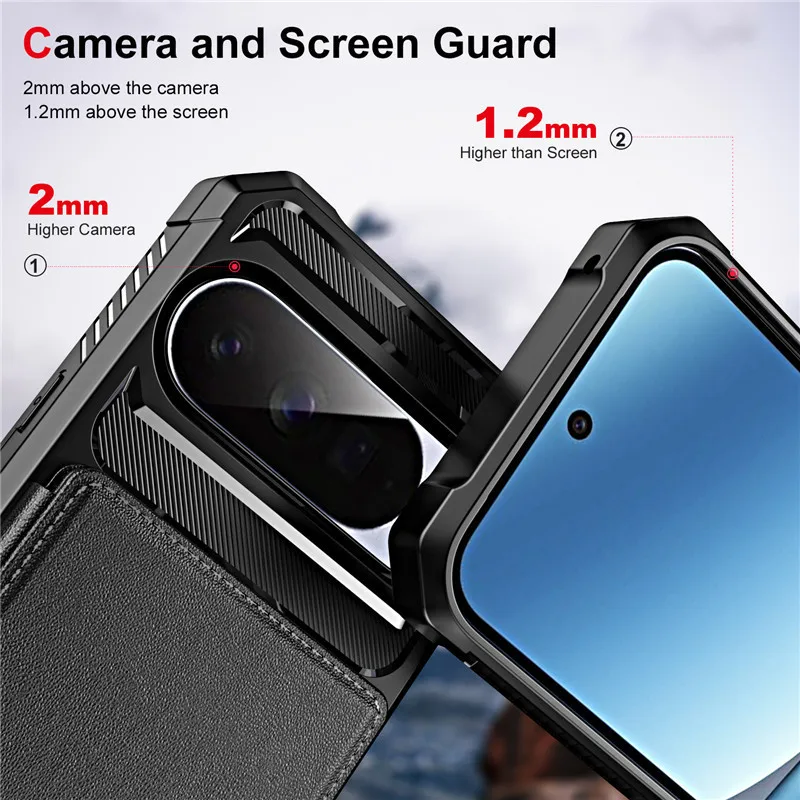 Heavy Duty Armor Leather Card Holder Wallet Case with Magnetic Wireless Charging Compatibility