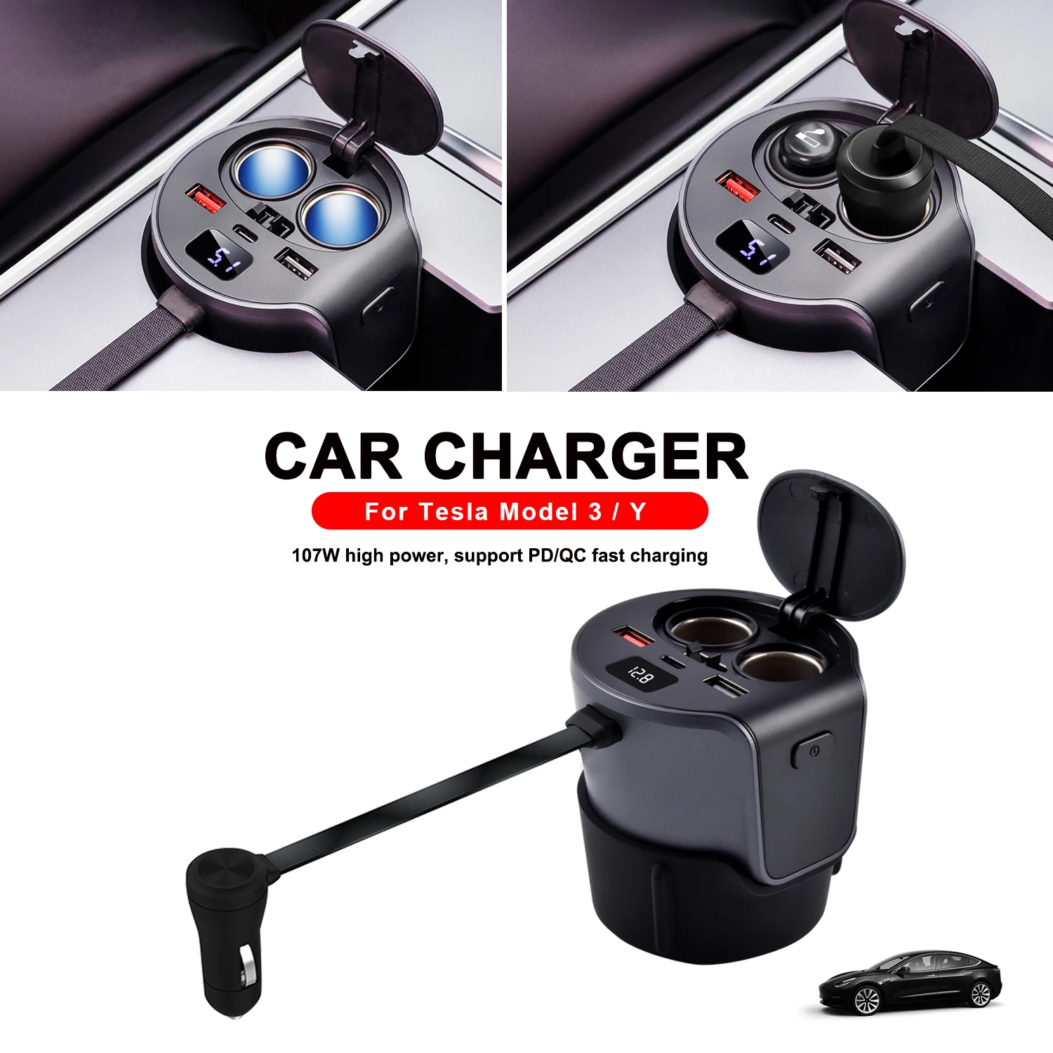 

Water Cup 4-in-1 Fast Charger laptop Phone High-power Charging For Model 3 Y 2021-2023 Atmosphere Light Voltage Display