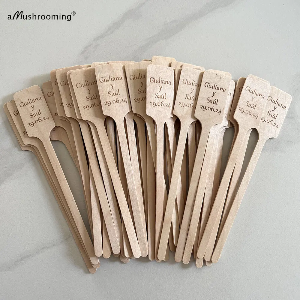 100pcs Engraved Wooden Stir Sticks Personalized Drinking Stirrers with Names Date for Wedding Party Gift Decor