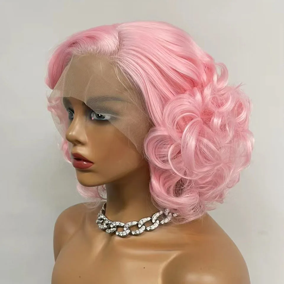 

Short Natural Wavy Lace Front Wig Pink Color Synthetic Lace Wigs for Women Cosplay Party Curly Bob Wig Glueless